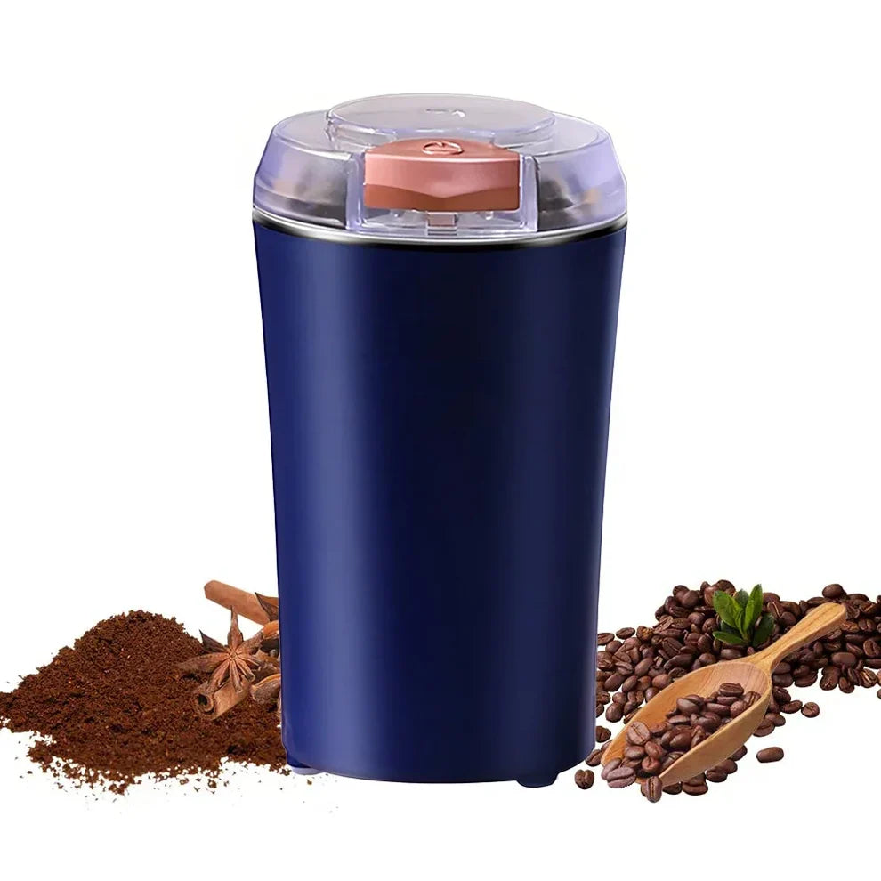Stainless steel coffee grinder with ground coffee in the chamber – fine grind setting