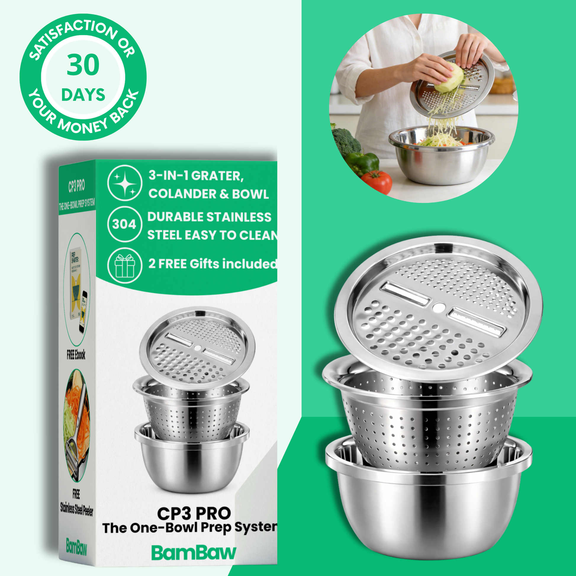 CP3 PRO one-bowl prep system with colander and cutting board combo
