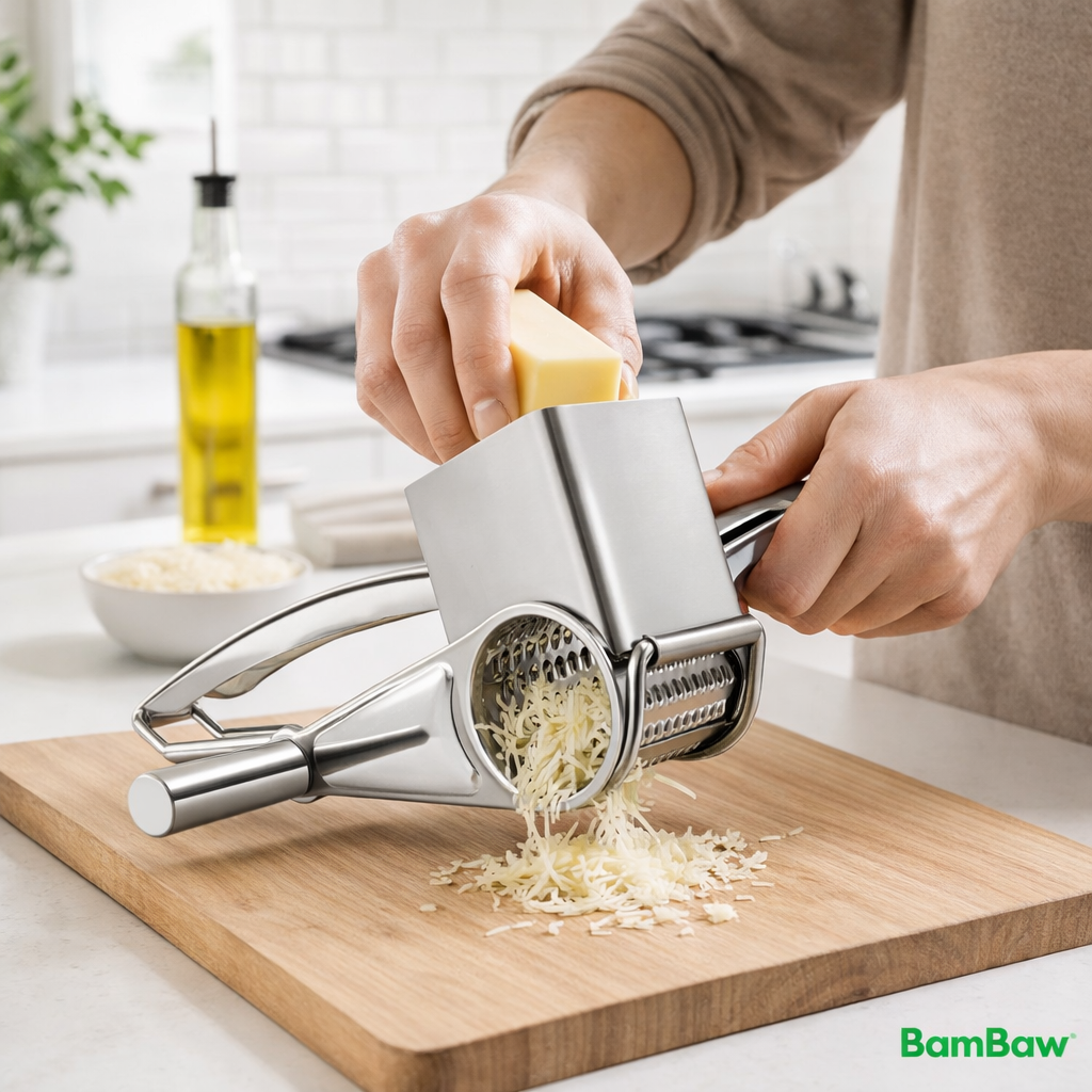 Rotary cheese grater disassembled showing drum blades – multifunction hand crank grater