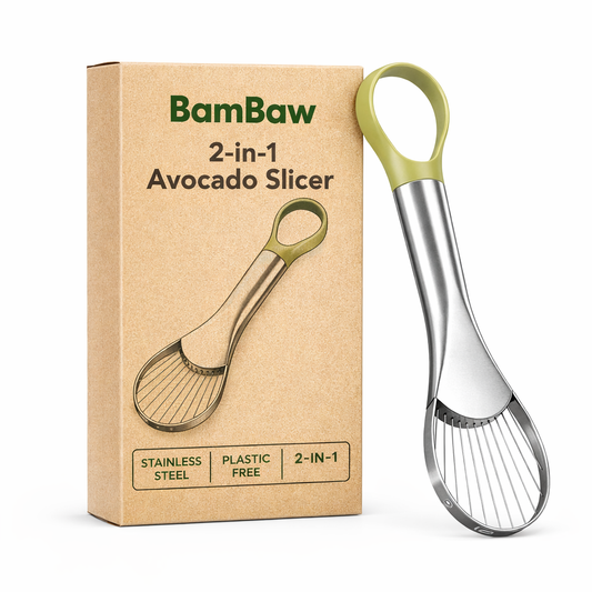 BamBaw 2-in-1 Avocado Slicer kraft packaging box with stainless steel plastic-free slicer beside it
