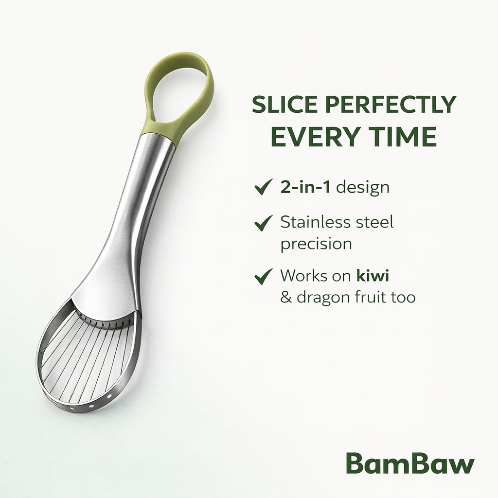 BamBaw 2-in-1 avocado slicer benefit: slice perfectly every time – stainless steel precision, works on kiwi and dragon fruit