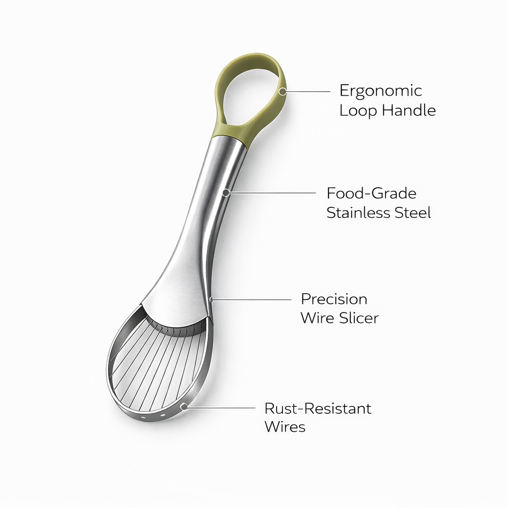 BamBaw avocado slicer features: ergonomic loop handle, food-grade stainless steel, precision wire slicer, rust-resistant wires