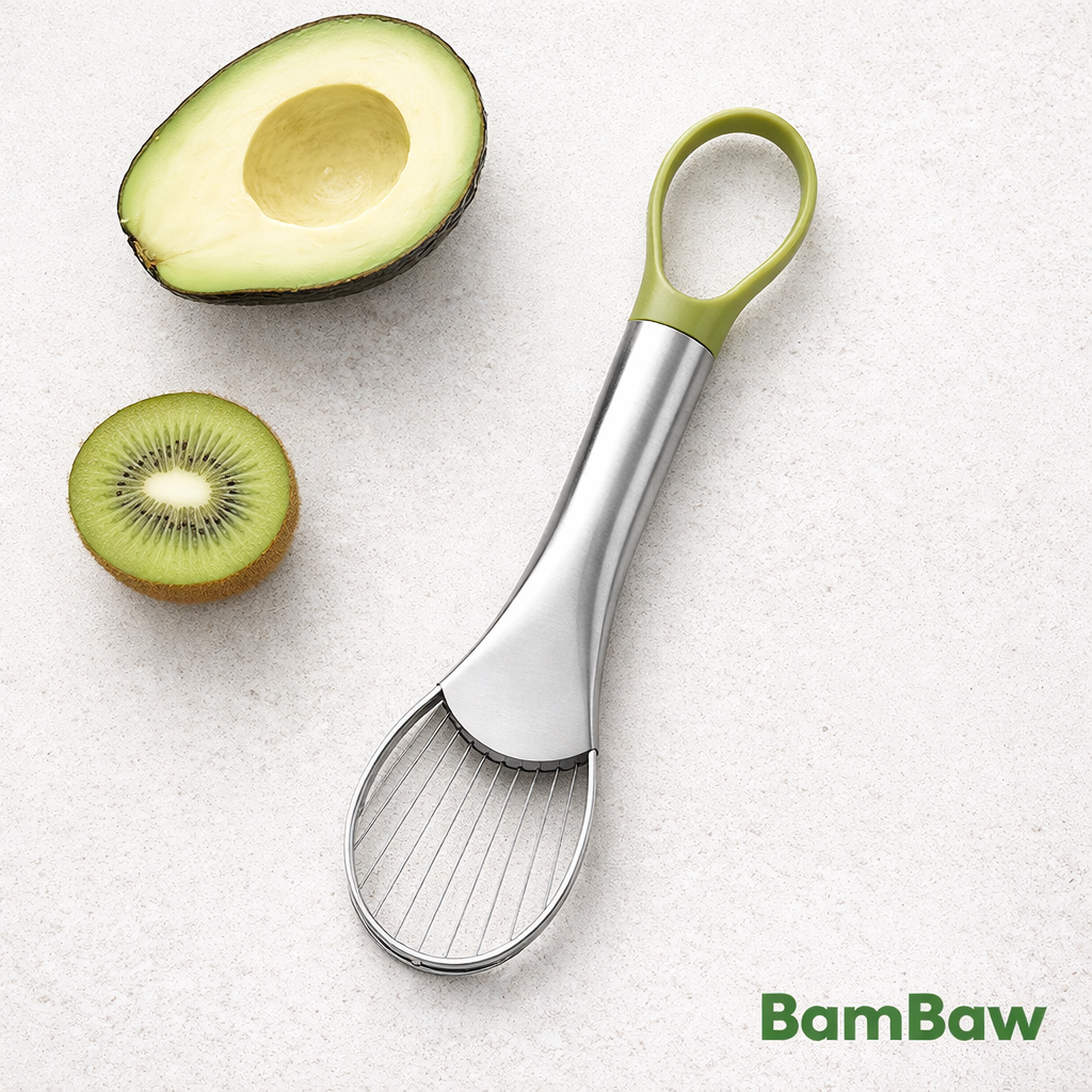 BamBaw 2-in-1 avocado slicer and kiwi peeler overhead view with fresh avocado and kiwi