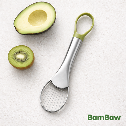 BamBaw 2-in-1 avocado slicer and kiwi peeler overhead view with fresh avocado and kiwi